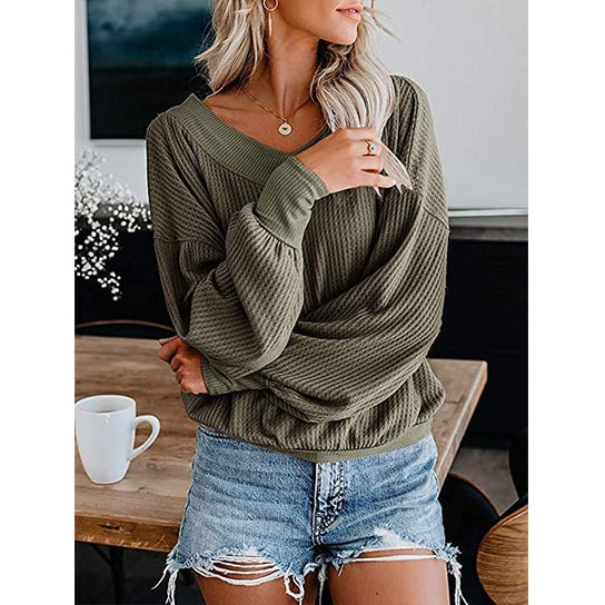 V Neck Waffle Knit Classic Top Shirt Image 1