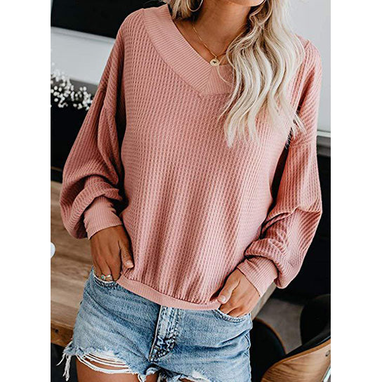 V Neck Waffle Knit Classic Top Shirt Image 6