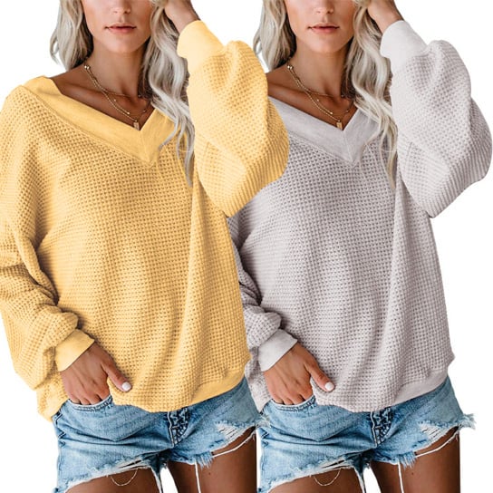 V Neck Waffle Knit Classic Top Shirt Image 1