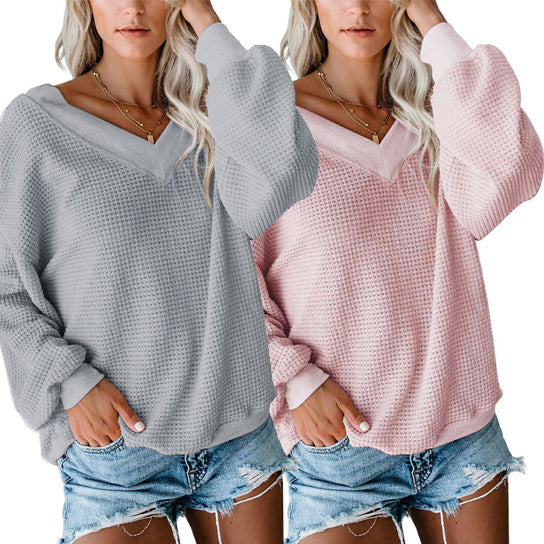 V Neck Waffle Knit Classic Top Shirt Image 9