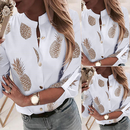 Cute Pineapple Print Roll Tab Sleeve Blouse Image 1