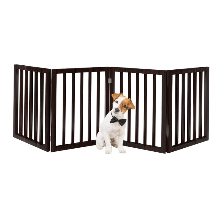 Wooden Freestanding Pet Gate 73 inch Indoor Folding Fence Brown Gray White 4 Panel Image 1