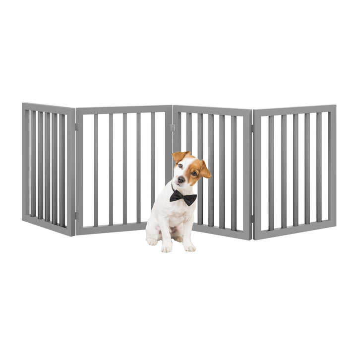 Wooden Freestanding Pet Gate 73 inch Indoor Folding Fence Brown Gray White 4 Panel Image 3