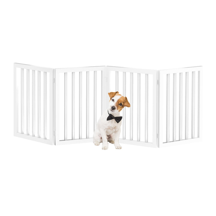 Wooden Freestanding Pet Gate 73 inch Indoor Folding Fence Brown Gray White 4 Panel Image 2