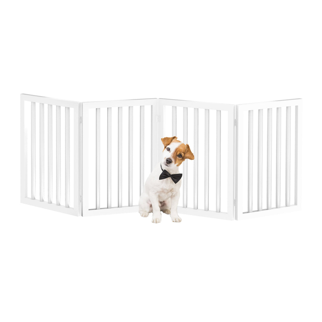 Wooden Freestanding Pet Gate 73 inch Indoor Folding Fence Brown Gray White 4 Panel Image 1