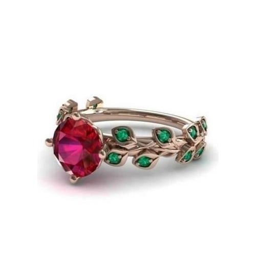 Ladies Ring with Red Flower Green Leaf and Color Image 1