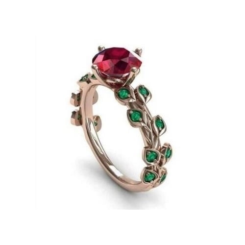 Ladies Ring with Red Flower Green Leaf and Color Image 2