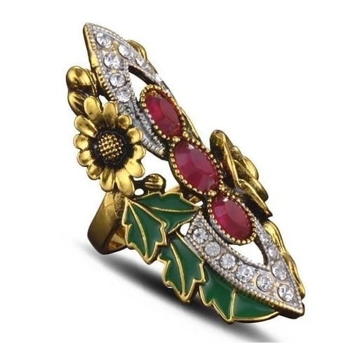 Hand decorated antique paint flower ring exaggerated Popular style -plated seperated Royal gem ring Image 3