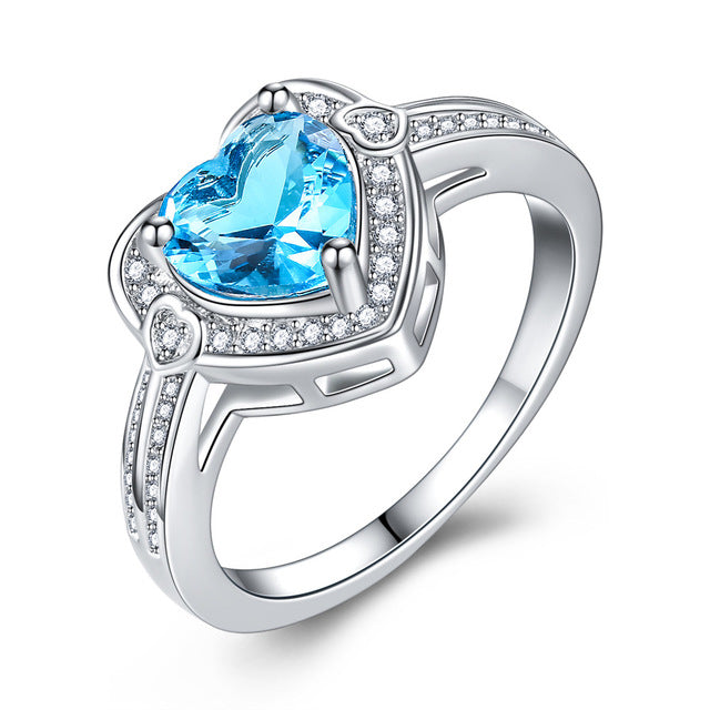 Environment fashion heart-shaped micro setting sea blue heart Artificial zircon ium ring Image 1