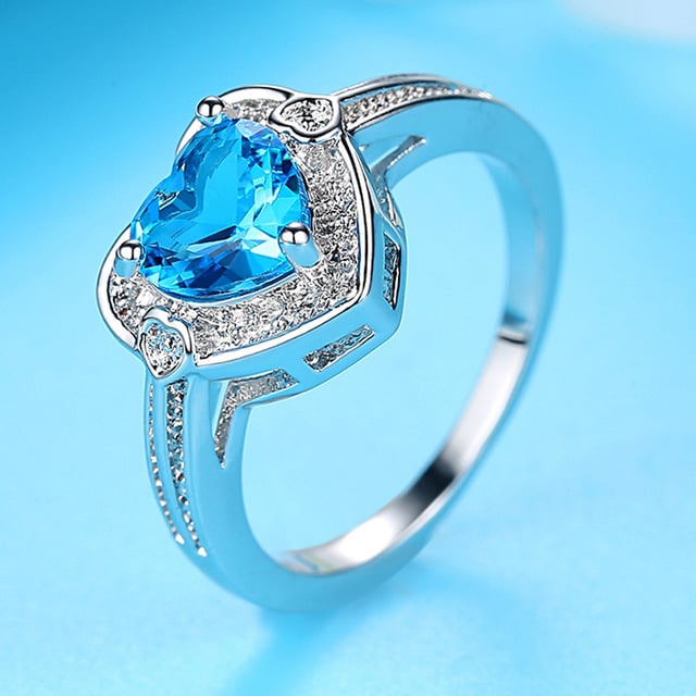 Environment fashion heart-shaped micro setting sea blue heart Artificial zircon ium ring Image 2