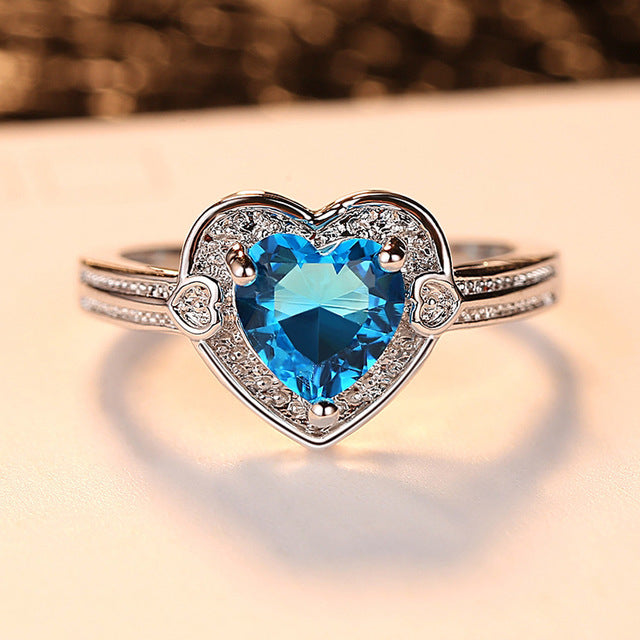 Environment fashion heart-shaped micro setting sea blue heart Artificial zircon ium ring Image 3