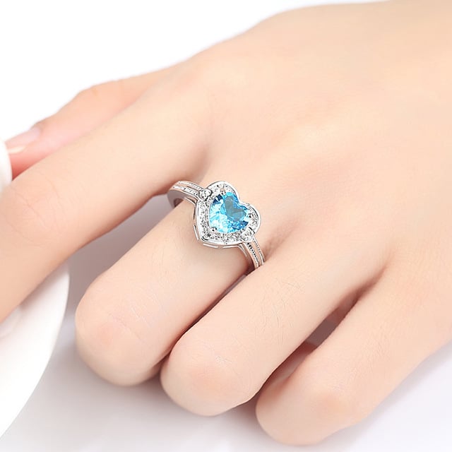 Environment fashion heart-shaped micro setting sea blue heart Artificial zircon ium ring Image 4