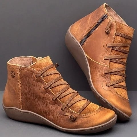 Flat Leather Lace-up Boots Zipper Booties Image 1