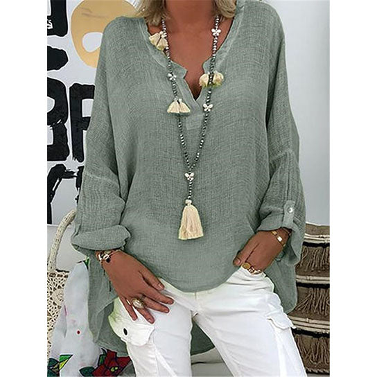 Bamboo Cotton Roll Tab Sleeve Loose Fit Blouse Tunic Image 1