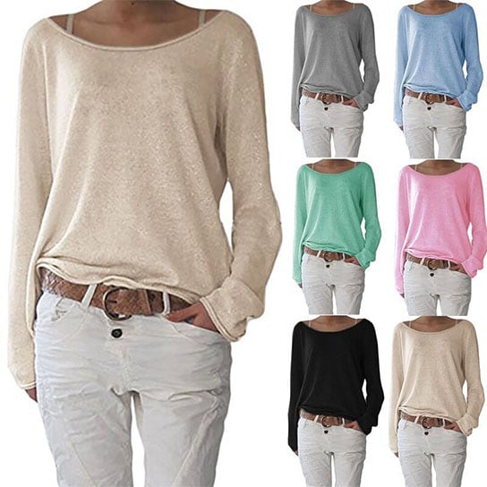 Boat Neck Solid Color Long Sleeve Shirt Image 1