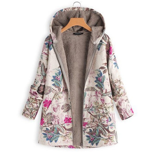 Floral Print Hooded Sherpa Lined Coats Zip Up Outwear Image 1