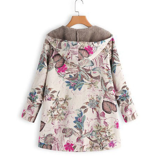 Floral Print Hooded Sherpa Lined Coats Zip Up Outwear Image 4