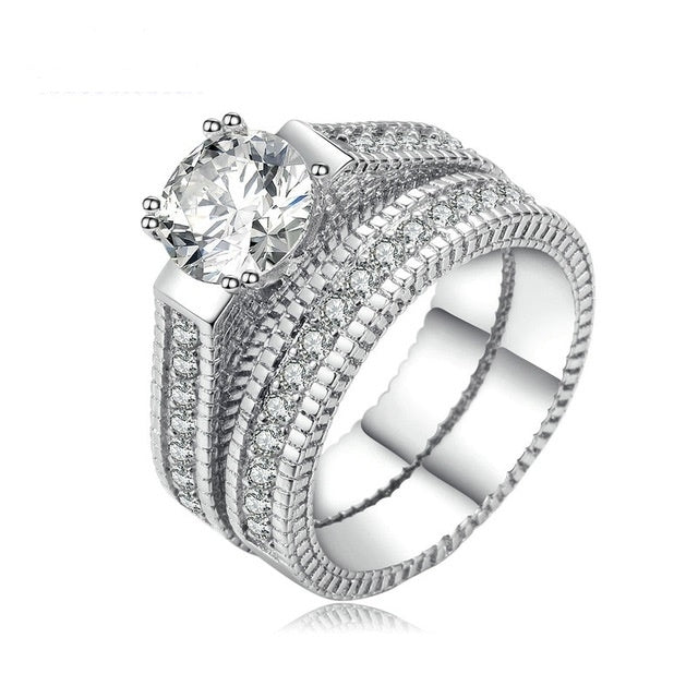 Fashionable womens engagement set ring with Artificial zircon micro inlay and platinum plated ring Image 1