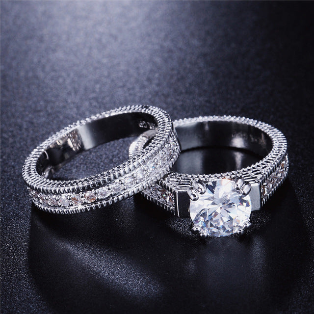 Fashionable womens engagement set ring with Artificial zircon micro inlay and platinum plated ring Image 2