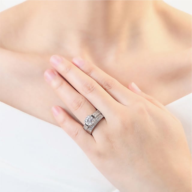 Fashionable womens engagement set ring with Artificial zircon micro inlay and platinum plated ring Image 4