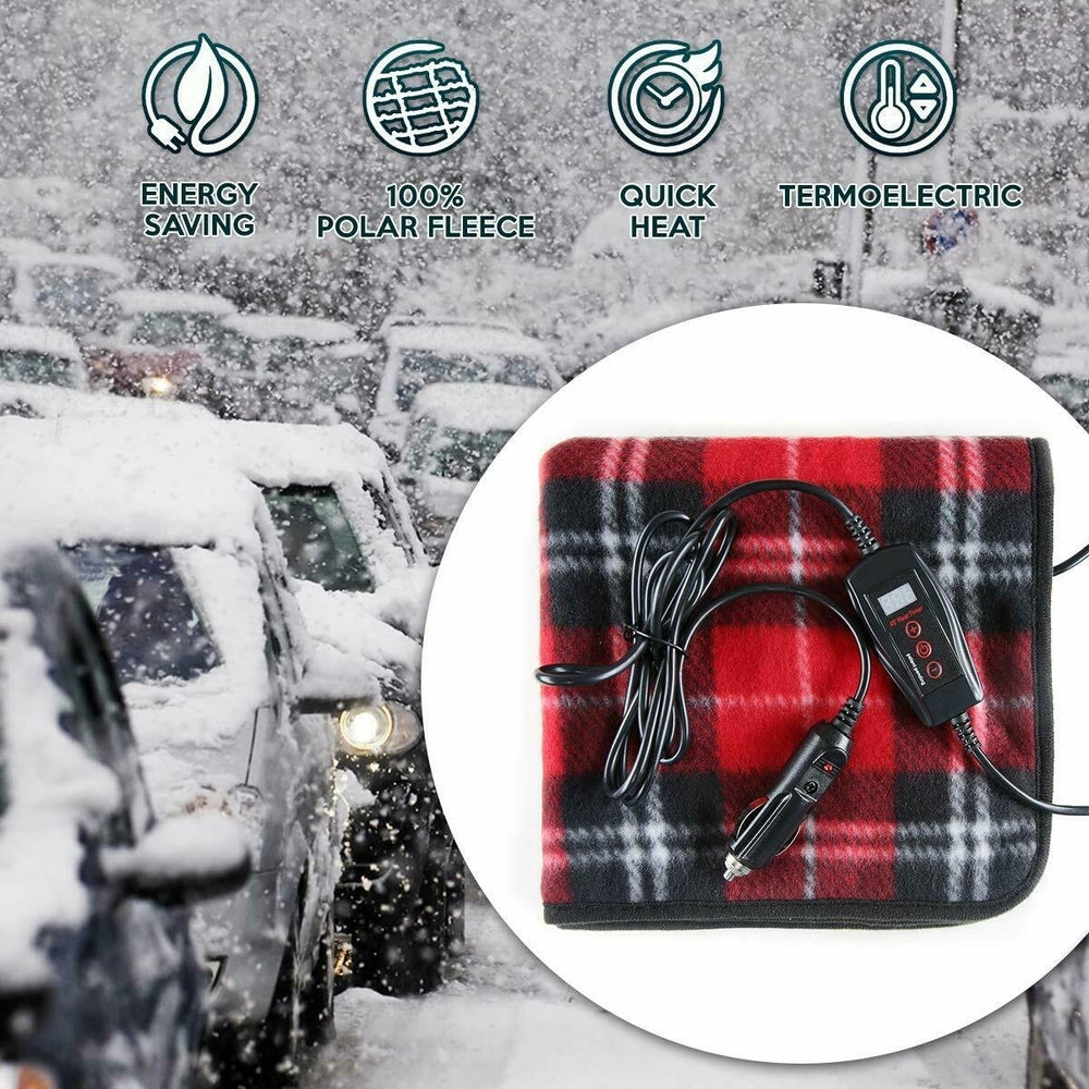 Zone Tech Car Electric Mini Heated Travel Blanket Pad Fleece Red Plaid 45 Timer Image 2