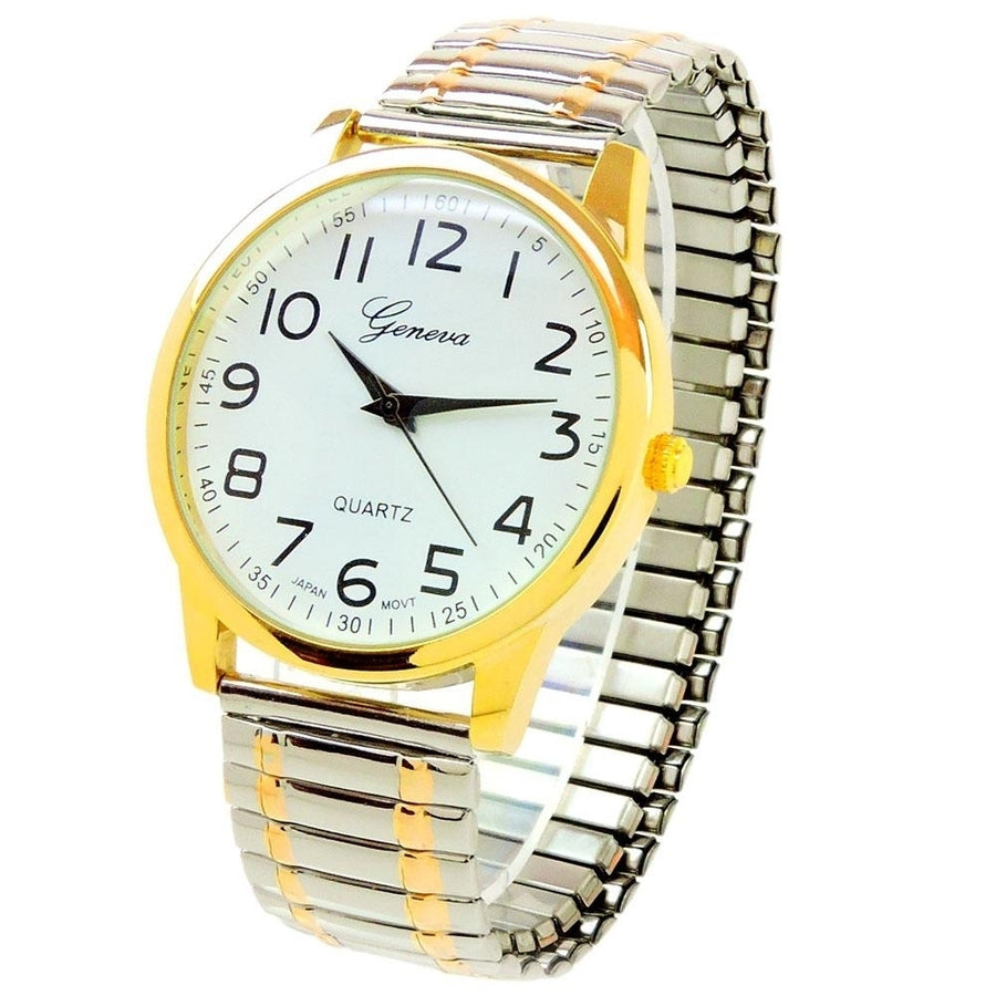 2Tone Large Size Face Easy to Read Geneva Stretch Band Watch Image 1