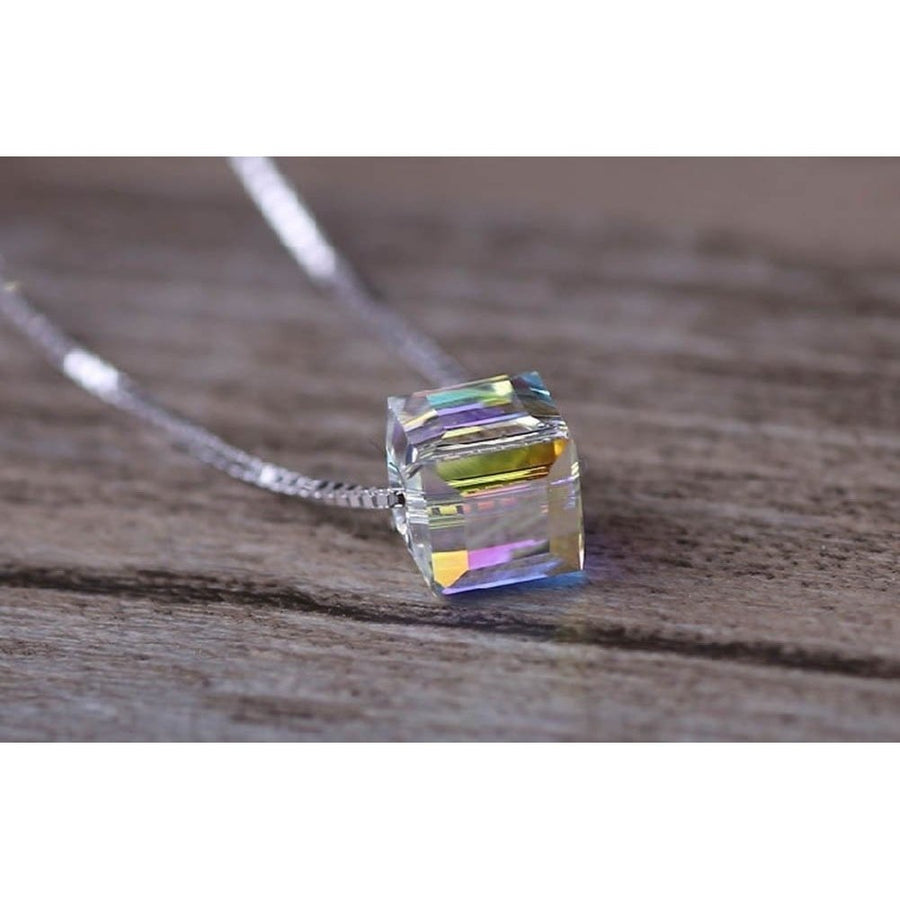 Swarovski Crystal Necklace 18K White Gold Plated Aurora Borealis Cube Cut 18" Image 1