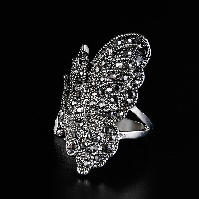 Creative Gothic exquisite Black Butterfly Fashion style Plated oil drop with Obsidian ladys ring Image 2