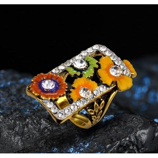 Antique color enamel ring Popular style -plated color separation exaggerated flower ring Image 2