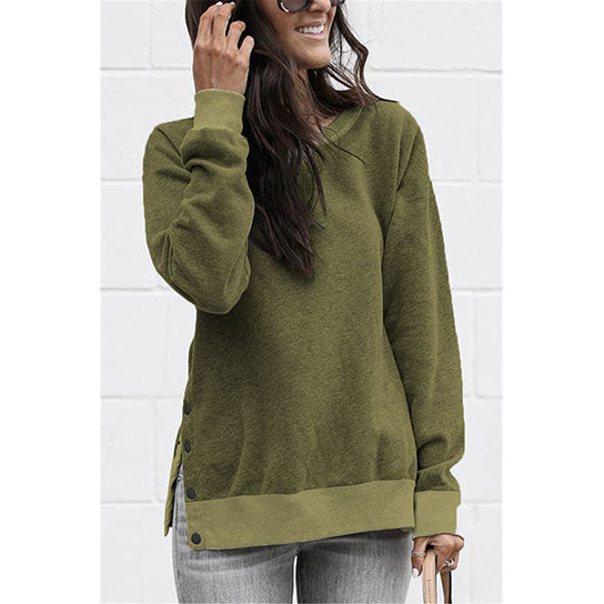 Round Neck Sweatshirt Side Split Button Down Image 1