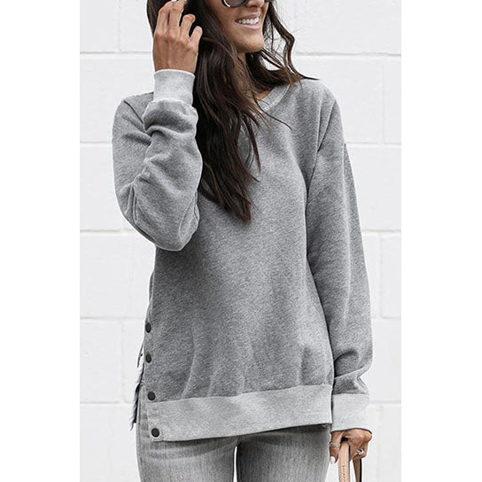 Round Neck Sweatshirt Side Split Button Down Image 2