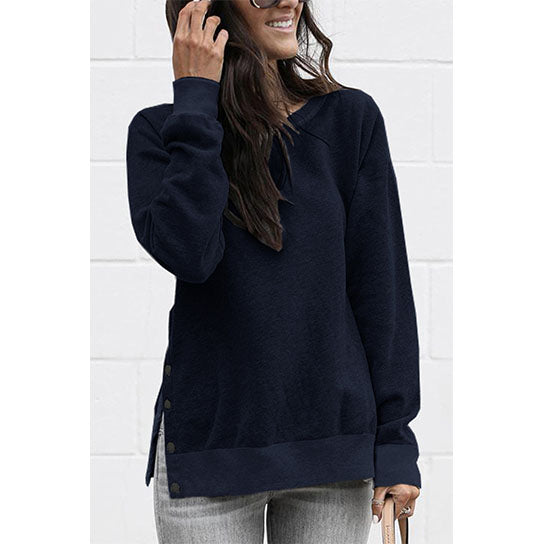 Round Neck Sweatshirt Side Split Button Down Image 3