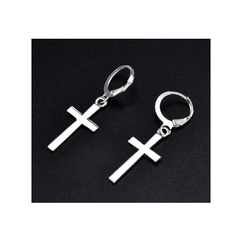 Unisex All ages Silver Filled High Polish Finsh Hoop Cross Drop Earrings Image 1