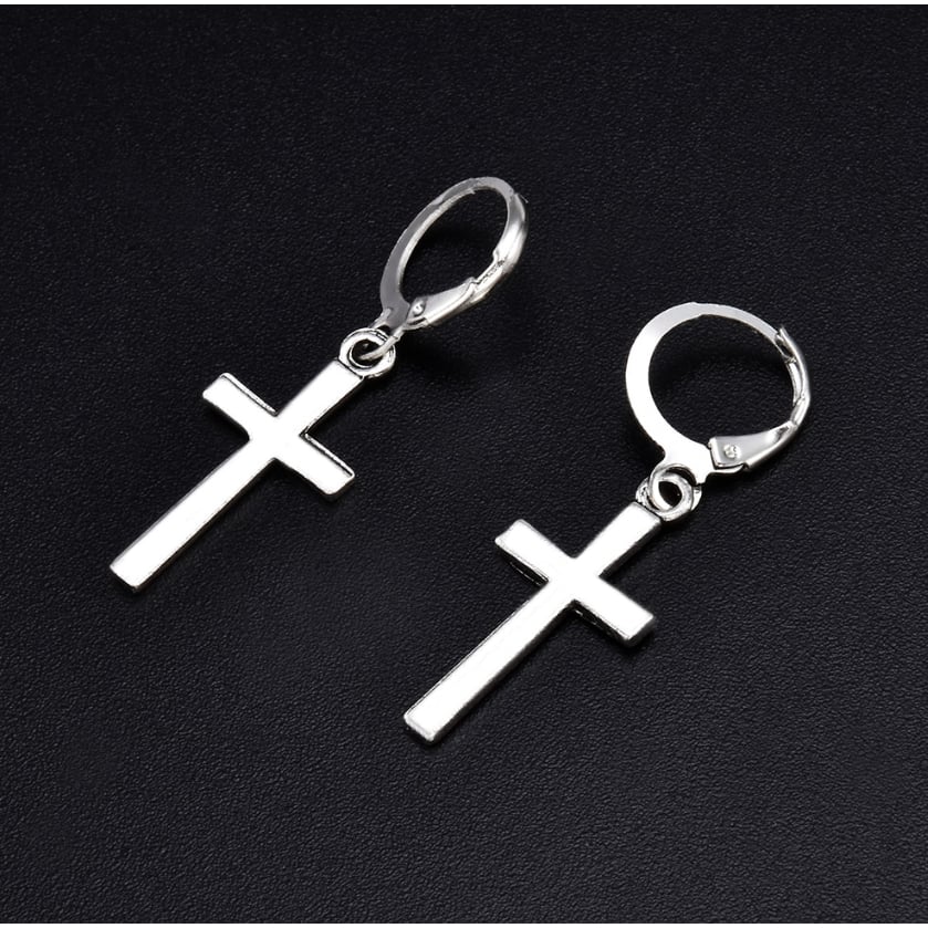 Unisex All ages Silver Filled High Polish Finsh Hoop Cross Drop Earrings Image 2