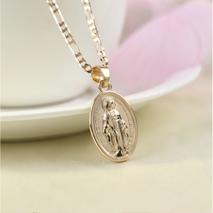 Unisex Yellow Virgin Mary Chain Necklace Pendant 18k Gold Image 1