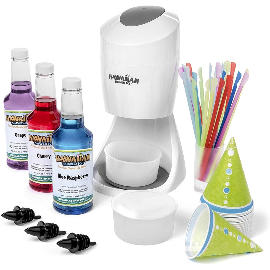 Hawaiian Shaved Ice S900A Shaved Ice and Snow Cone Machine with 3 Flavor Syrup Pack and Accessories Image 1