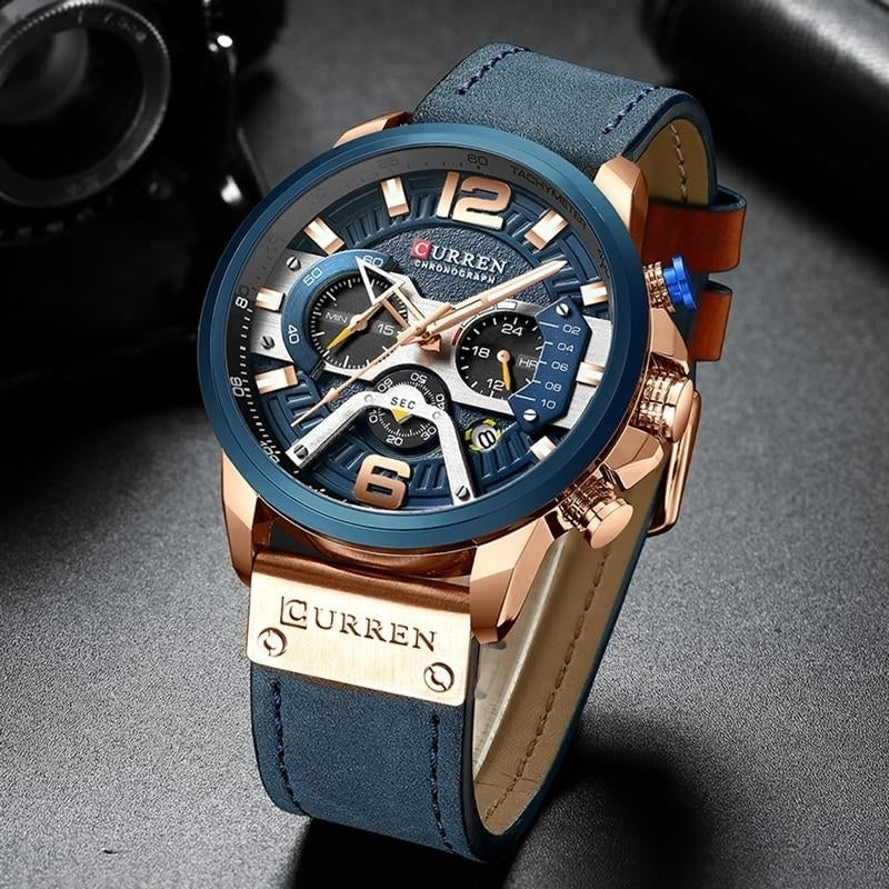 Blue Military Leather Sport Wrist Watches for Men Image 2