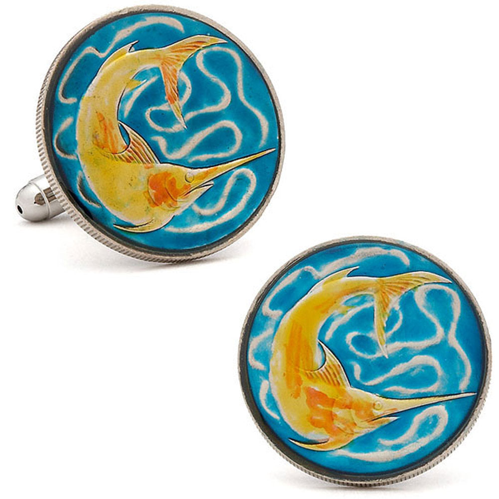 Birth Year Birth Year Enamel Cufflinks Singapore Hand Painted Blue Enamel Orange Fish Enamel Coin Jewelry Cufflinks Image 1