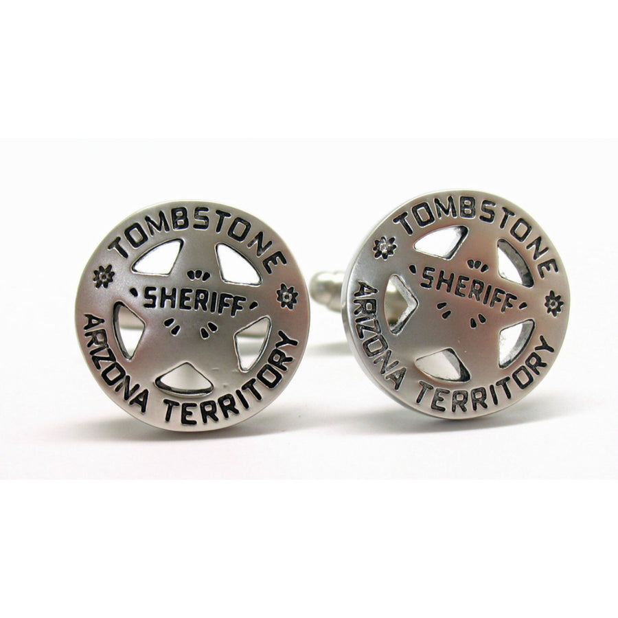 Tombstone Arizona Cufflinks Old West Matte Finish Silver Territory Sheriff Badge Cuff Links Image 1