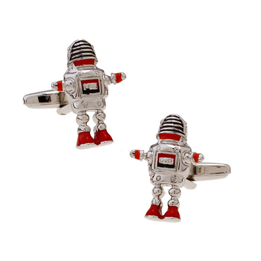 Retro Robot Cufflinks Silver Red Black Enamel Arms Head and Legs Cool Fun Unique Cuff Link Comes with Gift Box White Image 1