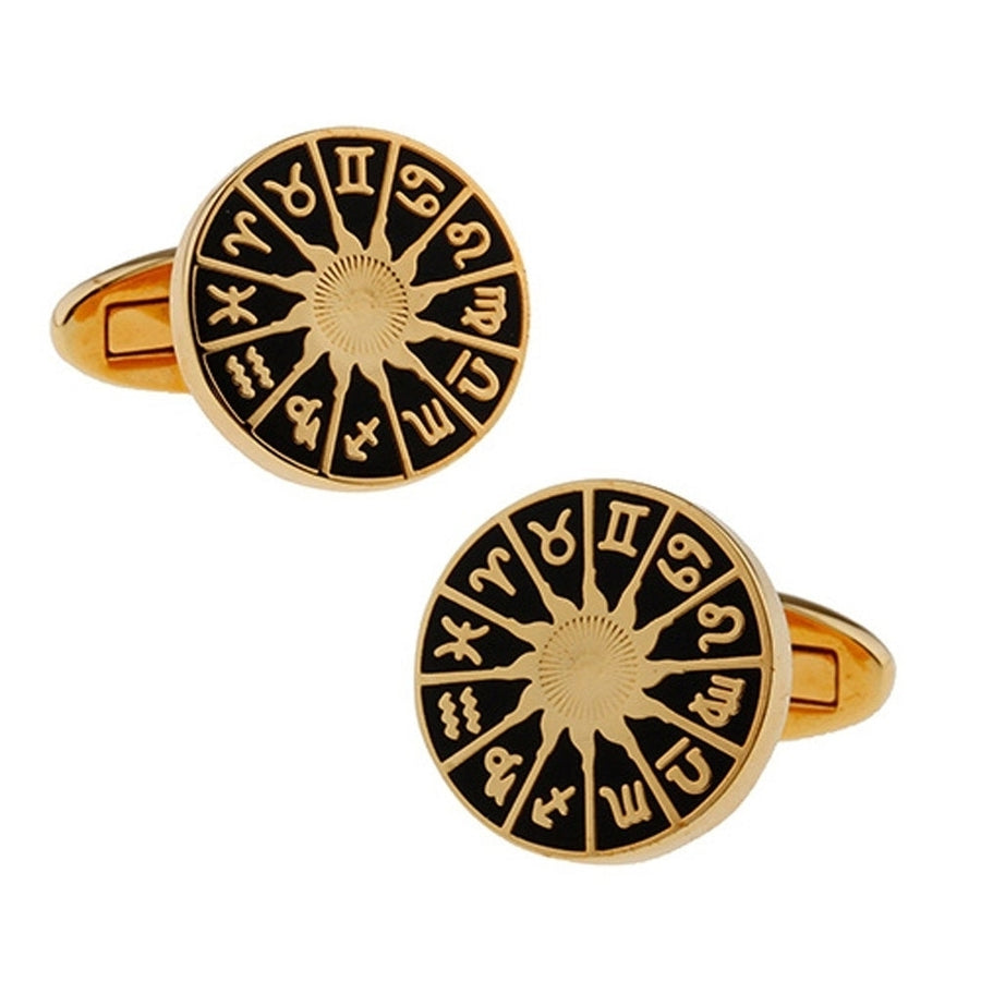 Astrology Dial Cufflinks Shiny Gold and Black Enamel of all the Zodiac Signs Cuff Links with Whale Tail Post Image 1