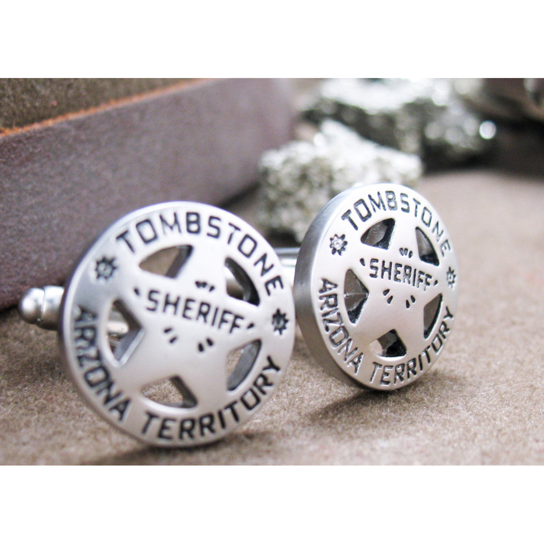 Tombstone Arizona Cufflinks Old West Matte Finish Silver Territory Sheriff Badge Cuff Links Image 4