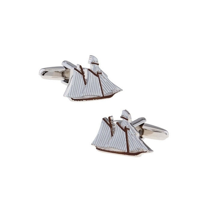 White Boat Cufflinks Ocean Schooner Cufflinks Silver Tone with White Enamel Boats Sails Sailing Ship Cuff Links Image 1