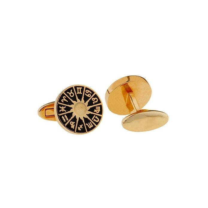 Astrology Dial Cufflinks Shiny Gold and Black Enamel of all the Zodiac Signs Cuff Links with Whale Tail Post Image 2