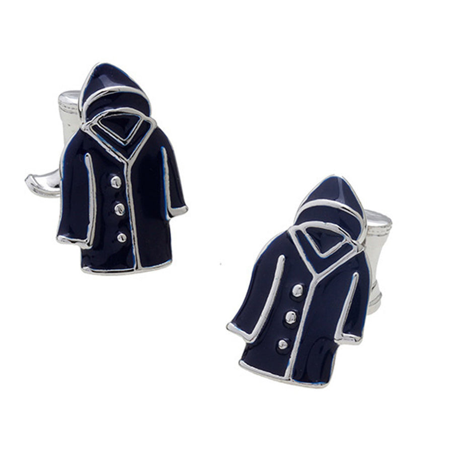 Raincoat Cufflinks Raining Days Water Coat with Boots as the Post Silver and Dark Blue Enamel Cuff Links Image 1