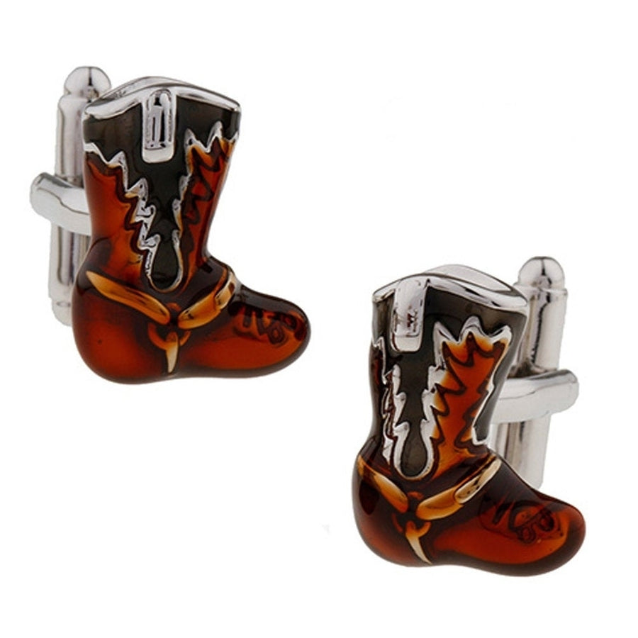 Western Cowboy Boots Cufflinks Antique Orange Brown Black Color Enamel Boot Cuff Links Image 1