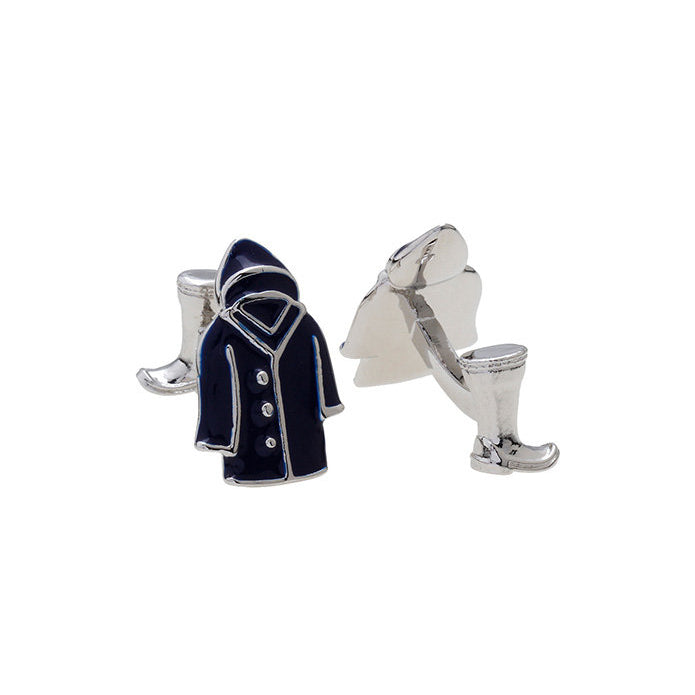 Raincoat Cufflinks Raining Days Water Coat with Boots as the Post Silver and Dark Blue Enamel Cuff Links Image 2