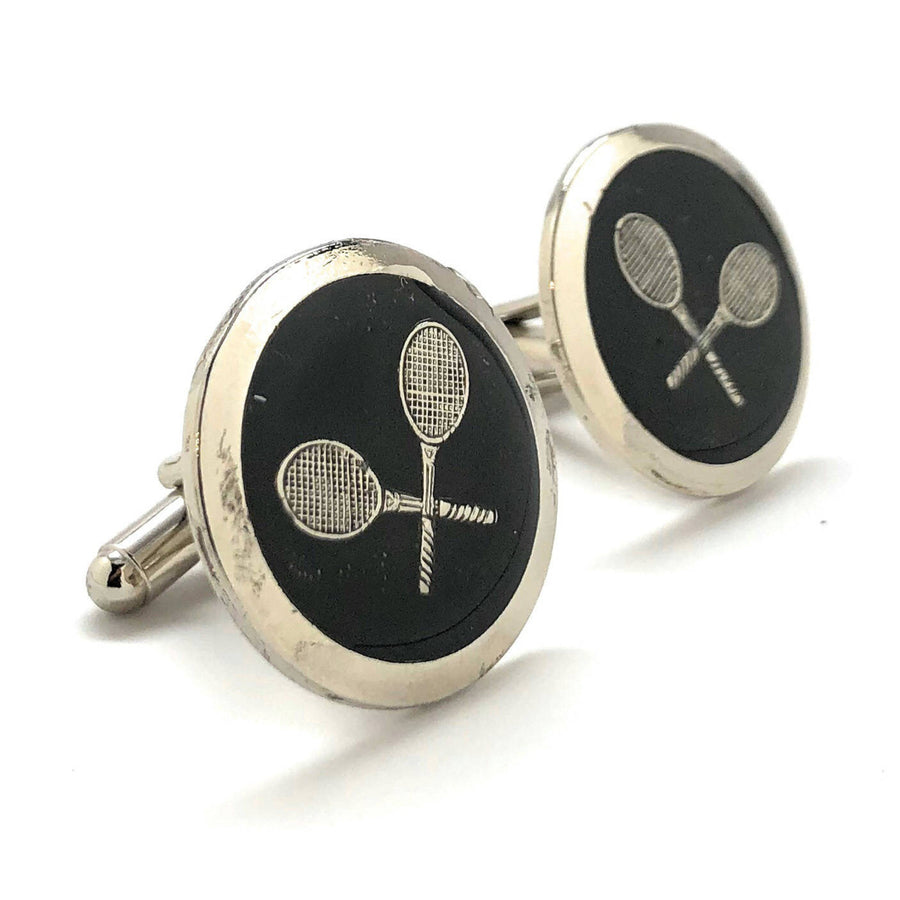 Professional Tennis Racket Cufflinks 3D Design Very Cool Unique Silver Tone Black Enamel Round Cuff Links Comes with Image 1