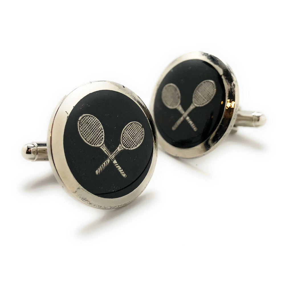 Professional Tennis Racket Cufflinks 3D Design Very Cool Unique Silver Tone Black Enamel Round Cuff Links Comes with Image 2