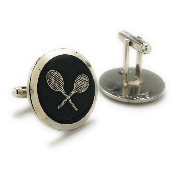 Professional Tennis Racket Cufflinks 3D Design Very Cool Unique Silver Tone Black Enamel Round Cuff Links Comes with Image 3